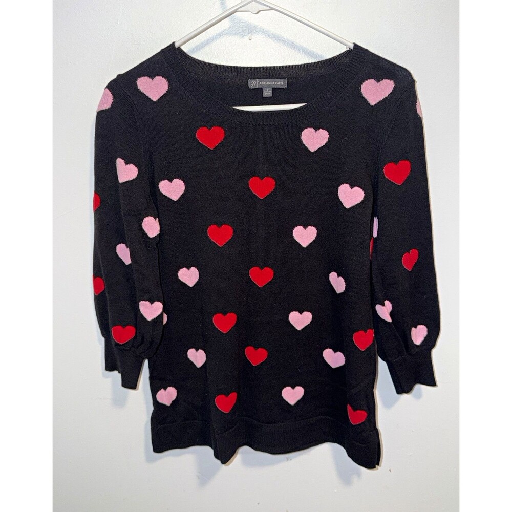 Adrianna Papell Women's Black Heart Print Knit Crewneck Pullover Sweater S